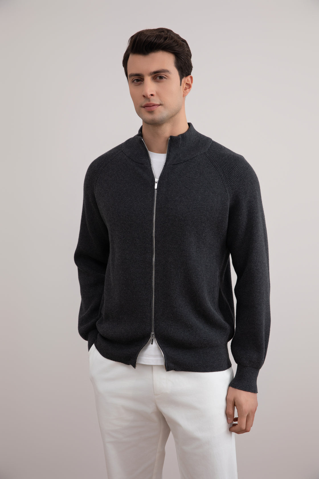 Dark Grey Mélange English Rib Full Zip Cardigan