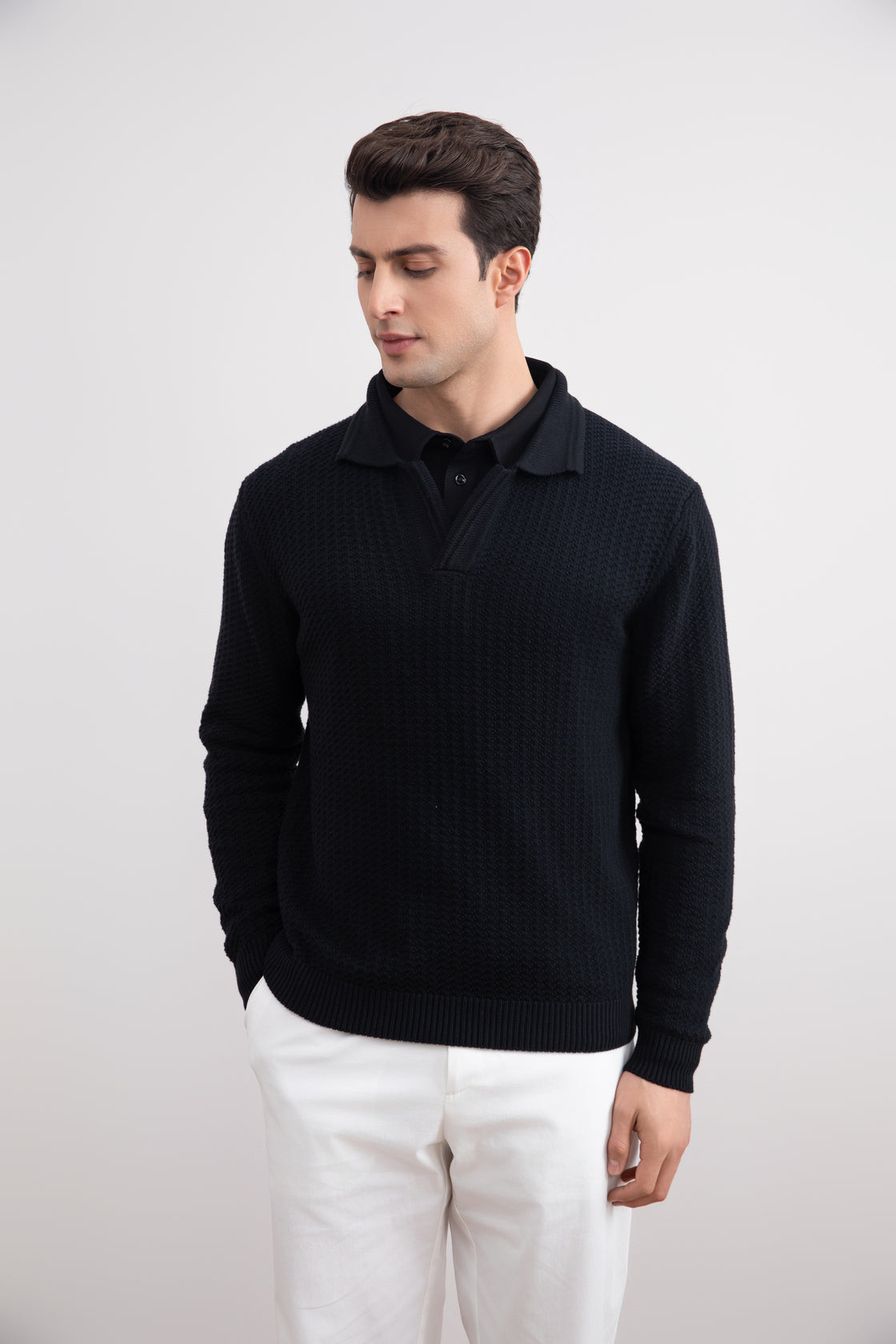 Black Textured Open Polo Sweater
