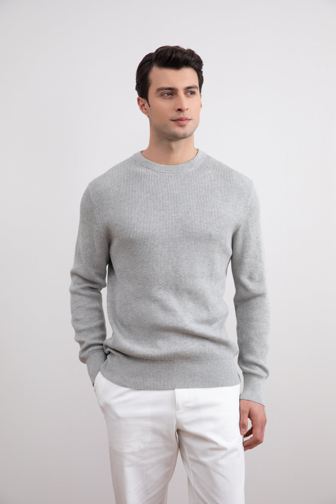 Grey Mélange Crewneck Malfilé English Rib Sweater