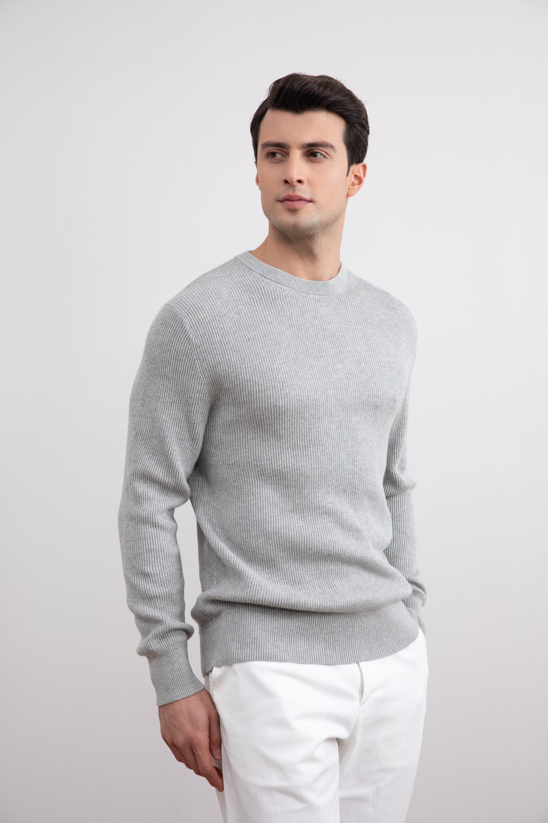 Grey Mélange Crewneck Malfilé English Rib Sweater