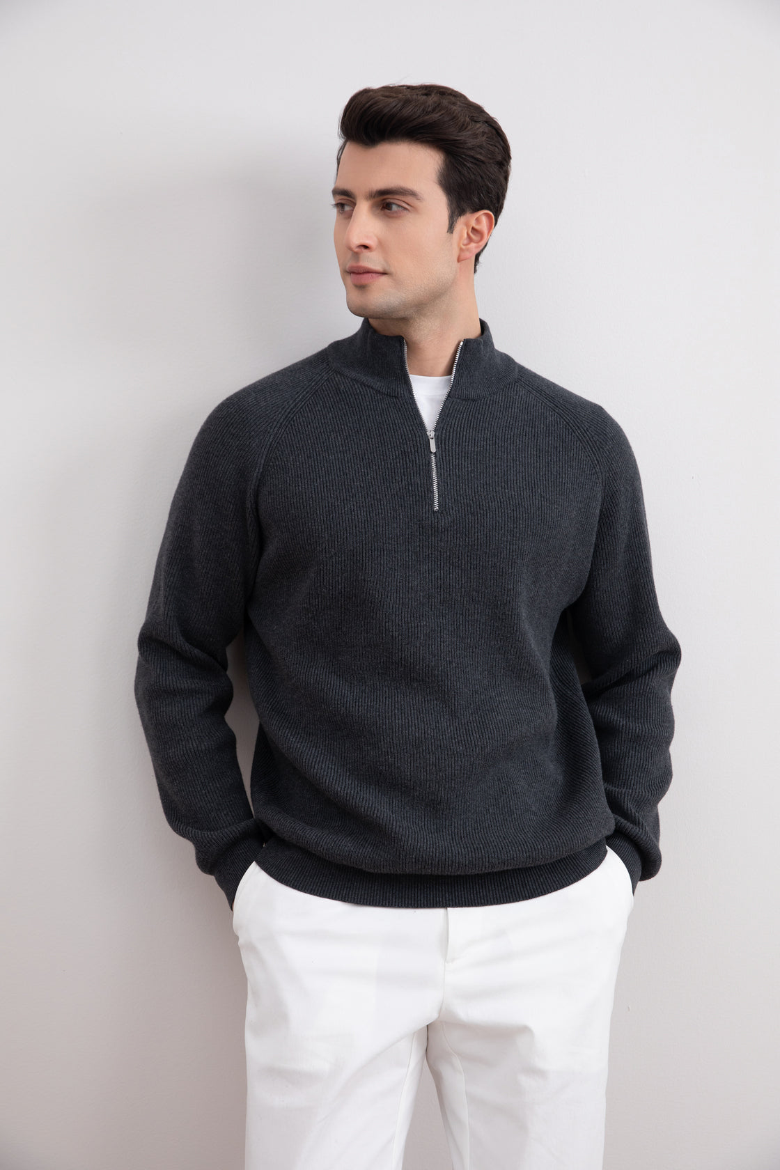 Charcoal English rib turtleneck half-zip sweater