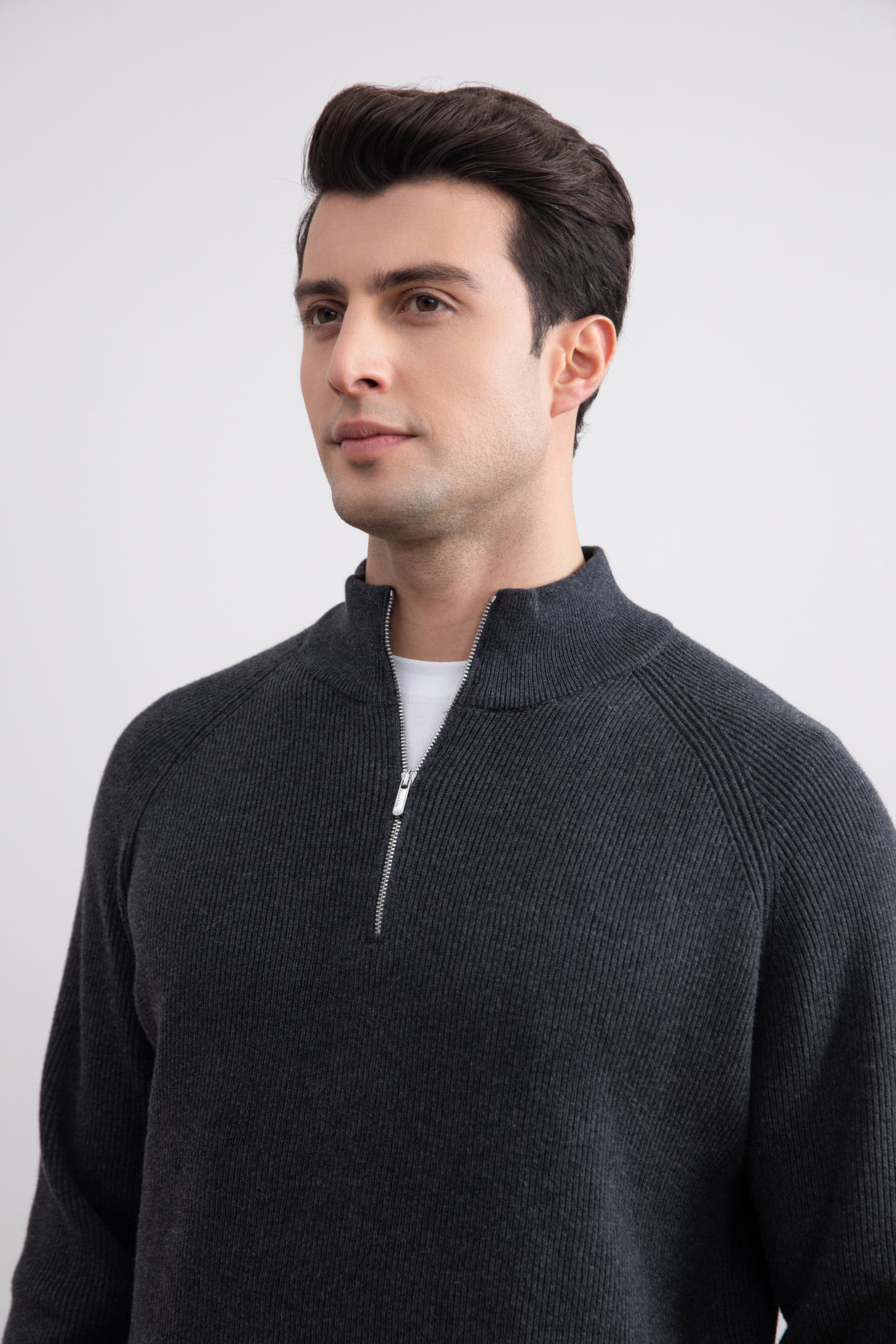 Charcoal English rib turtleneck half-zip sweater