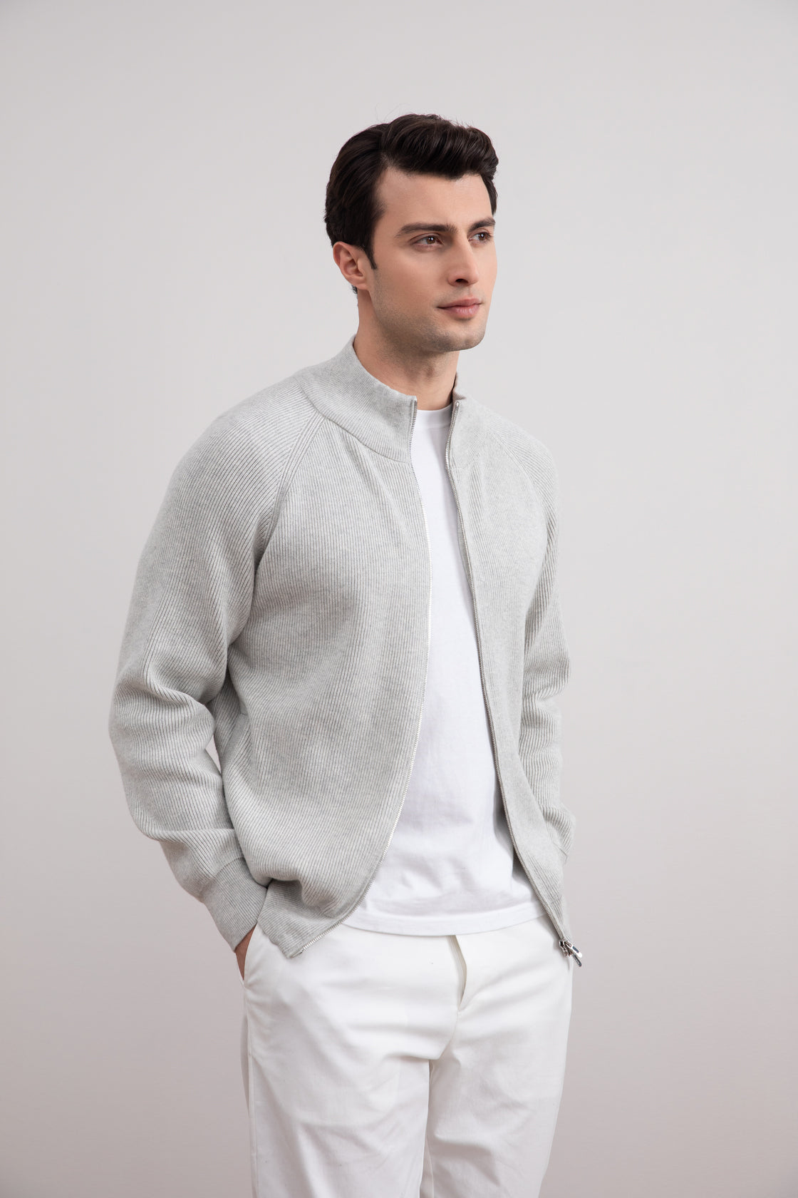 Grey Mélange English Rib Full Zip Cardigan