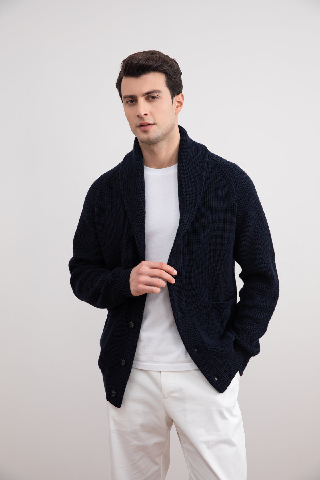 Navy Shawl-Collar Ribbed Cardigan