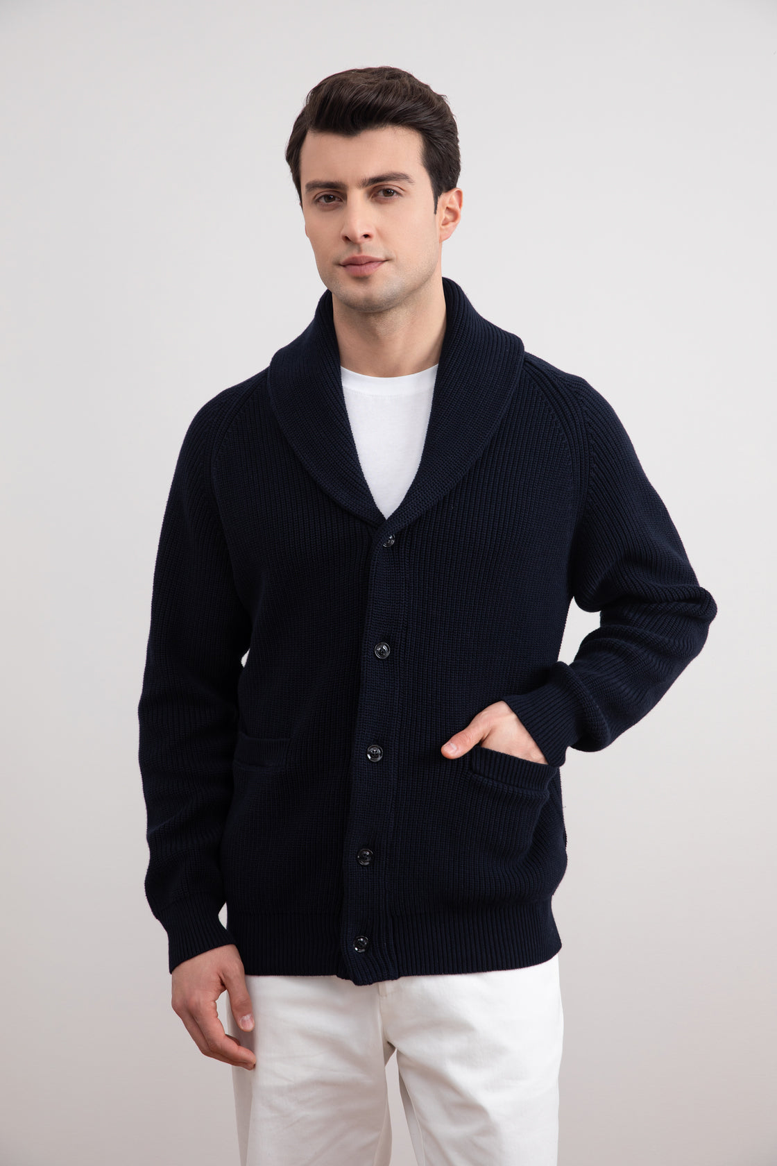 Navy Shawl-Collar Ribbed Cardigan