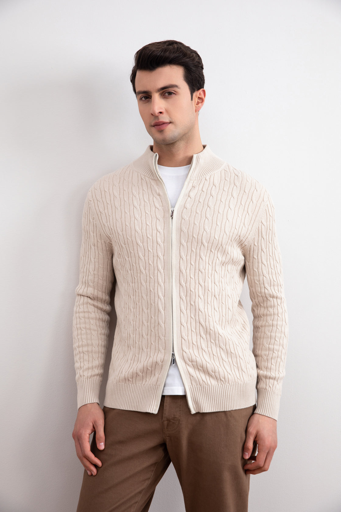 Beige Cable Knit full-zip Sweater