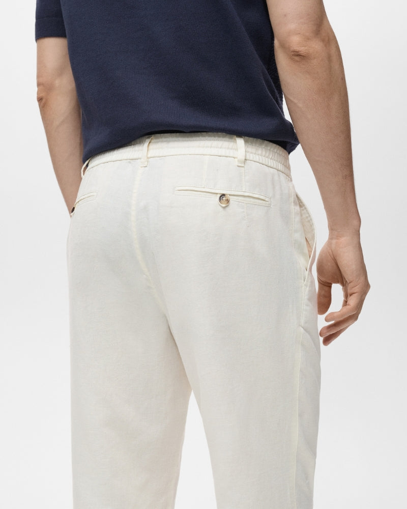Cotton and linen blend trousers with drawstrings - oatmeal