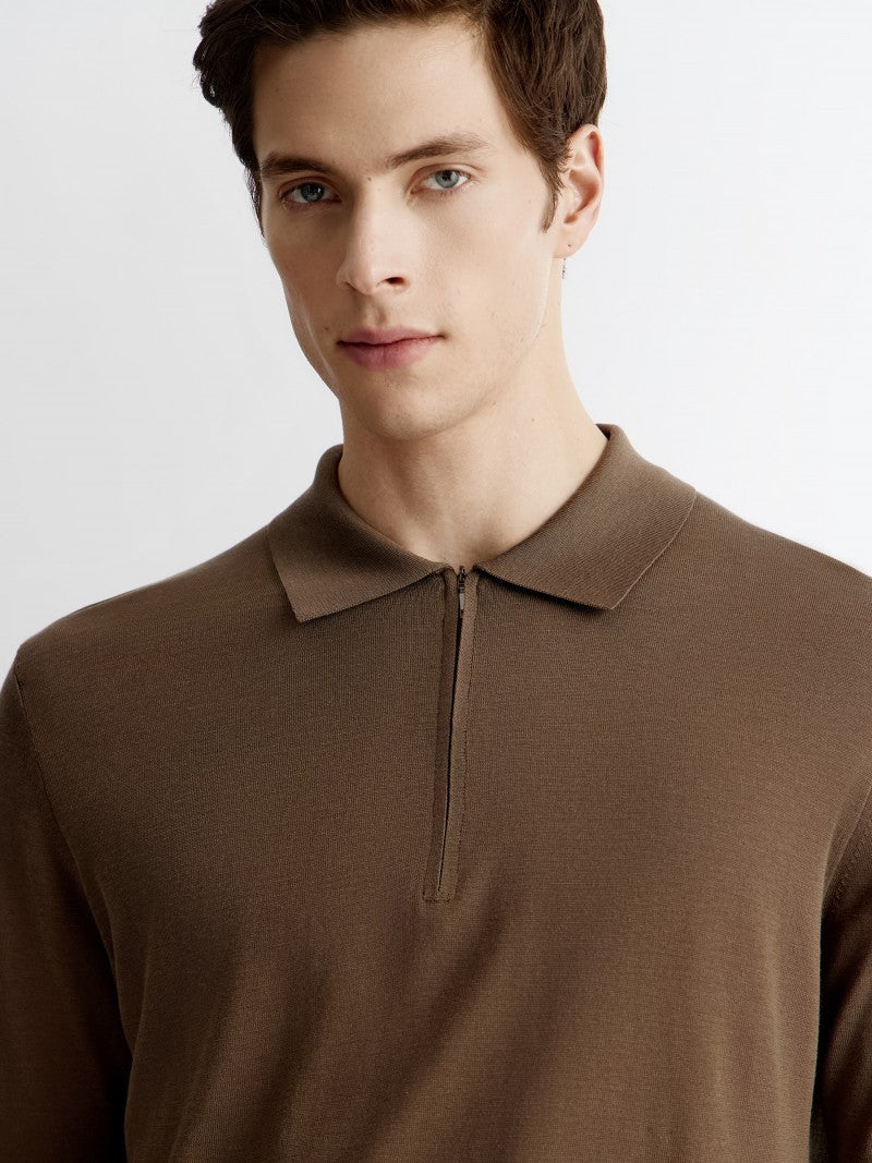 Silk and cotton polo jumper Tobacco