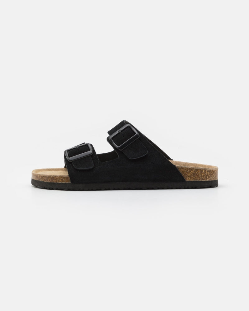 Double-Buckle Suede Sandals - Black