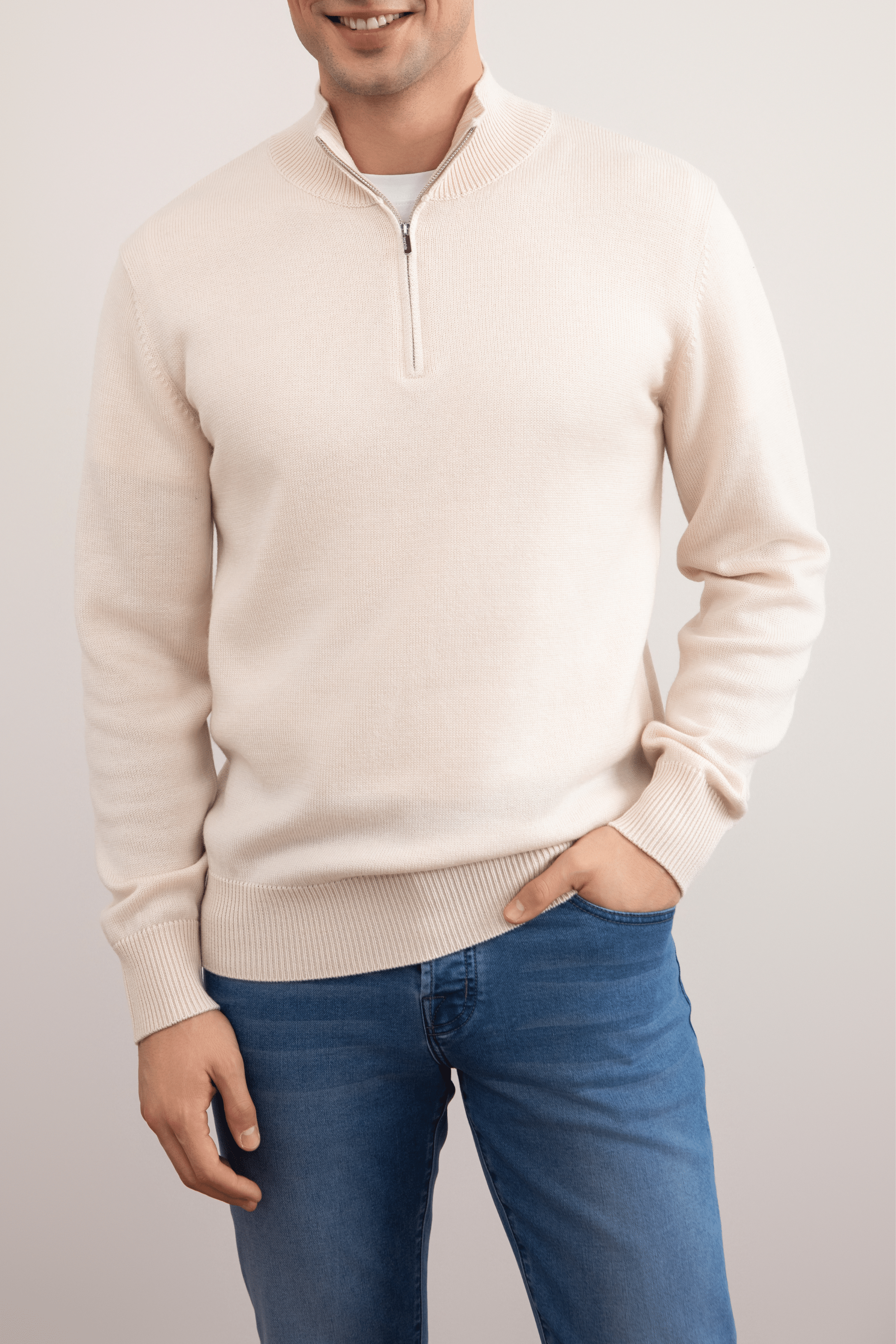 Beige Merino Wool Half-Zip Sweater