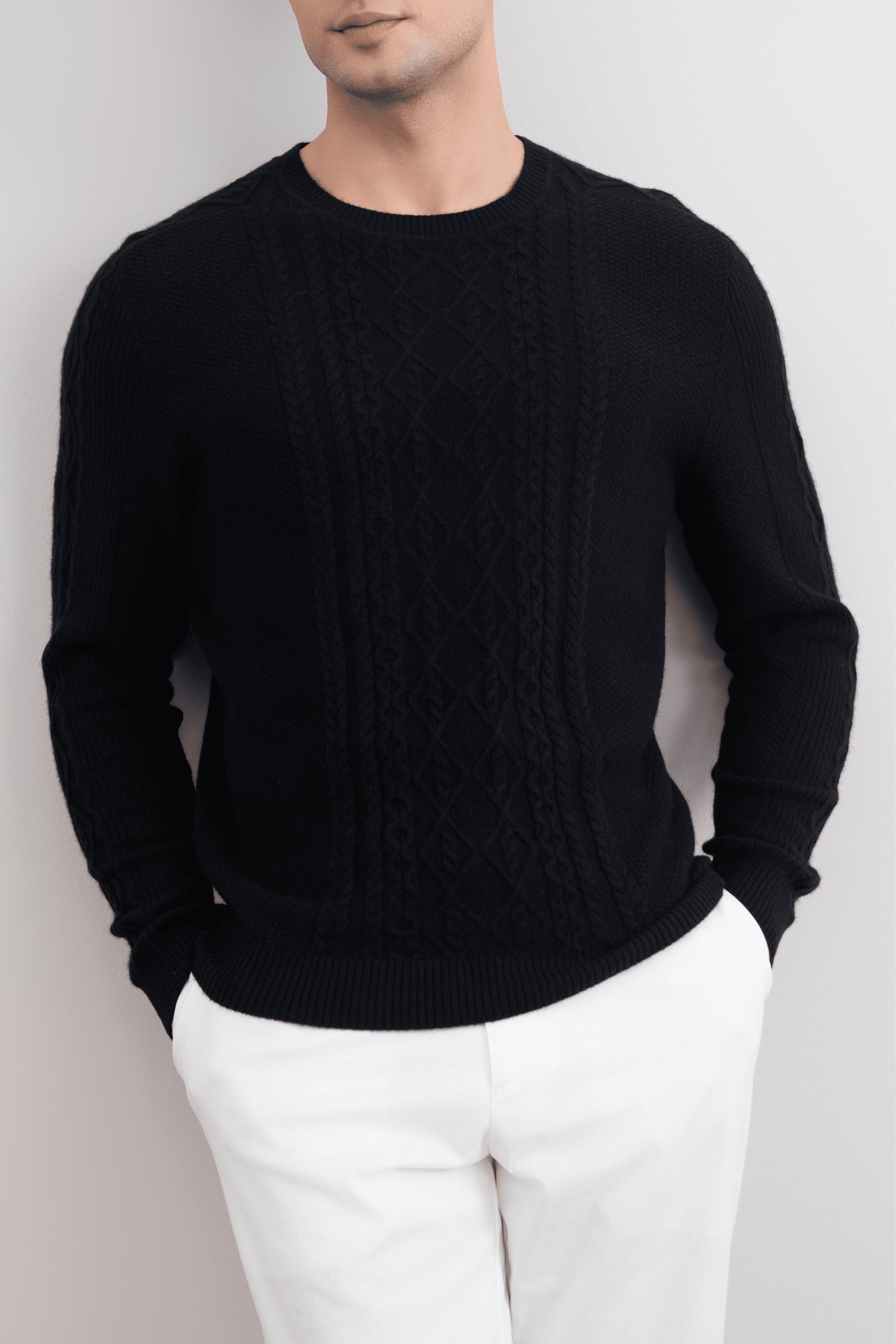 Black Cashmere Cable Knit Crewneck