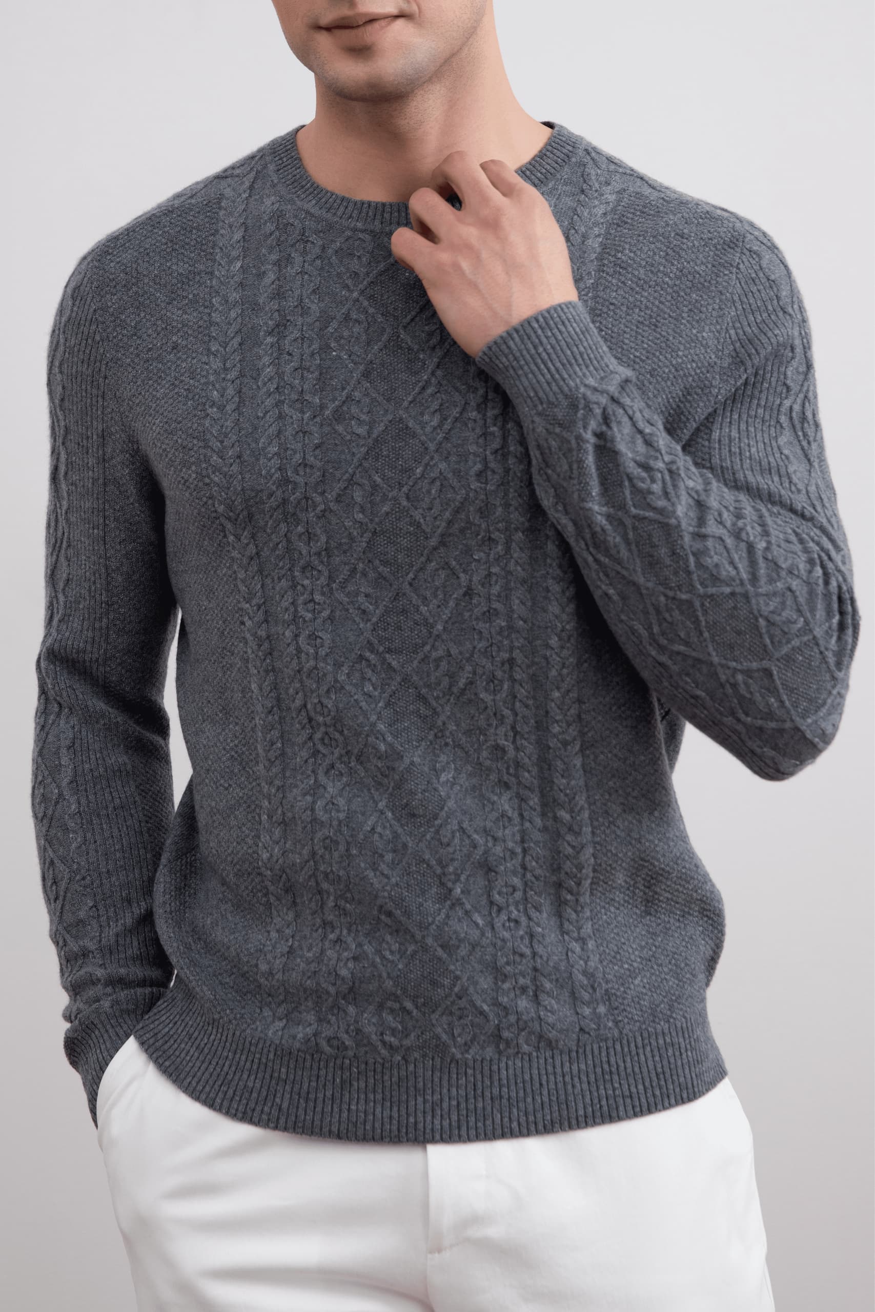 Dark Grey Mélange Cashmere Cable Knit Crewneck