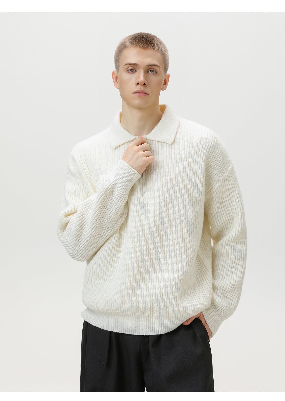 Pull polo en maille côtelée à demi-zip