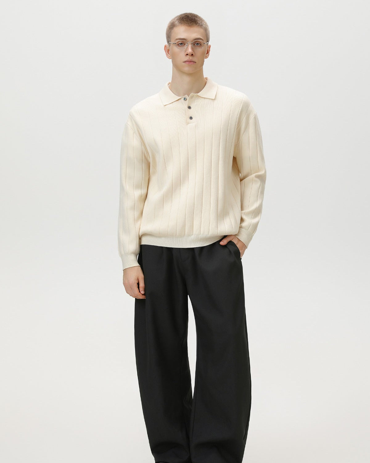 Pull polo à manches longues en maille côtelée