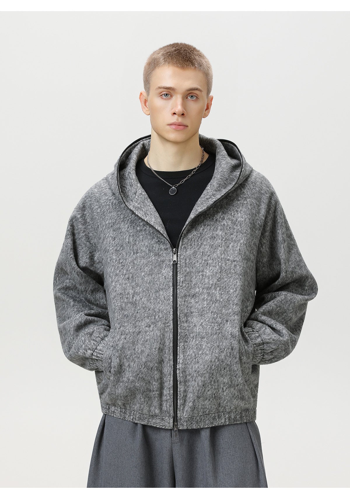 Wool Blend Hooded Zip Jacket