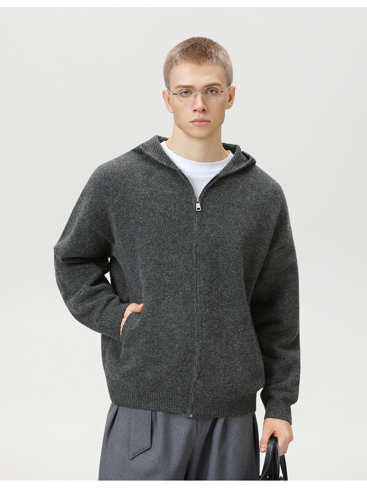 Minimalist Zip-Up Wool Blend Hoodie Cardigan