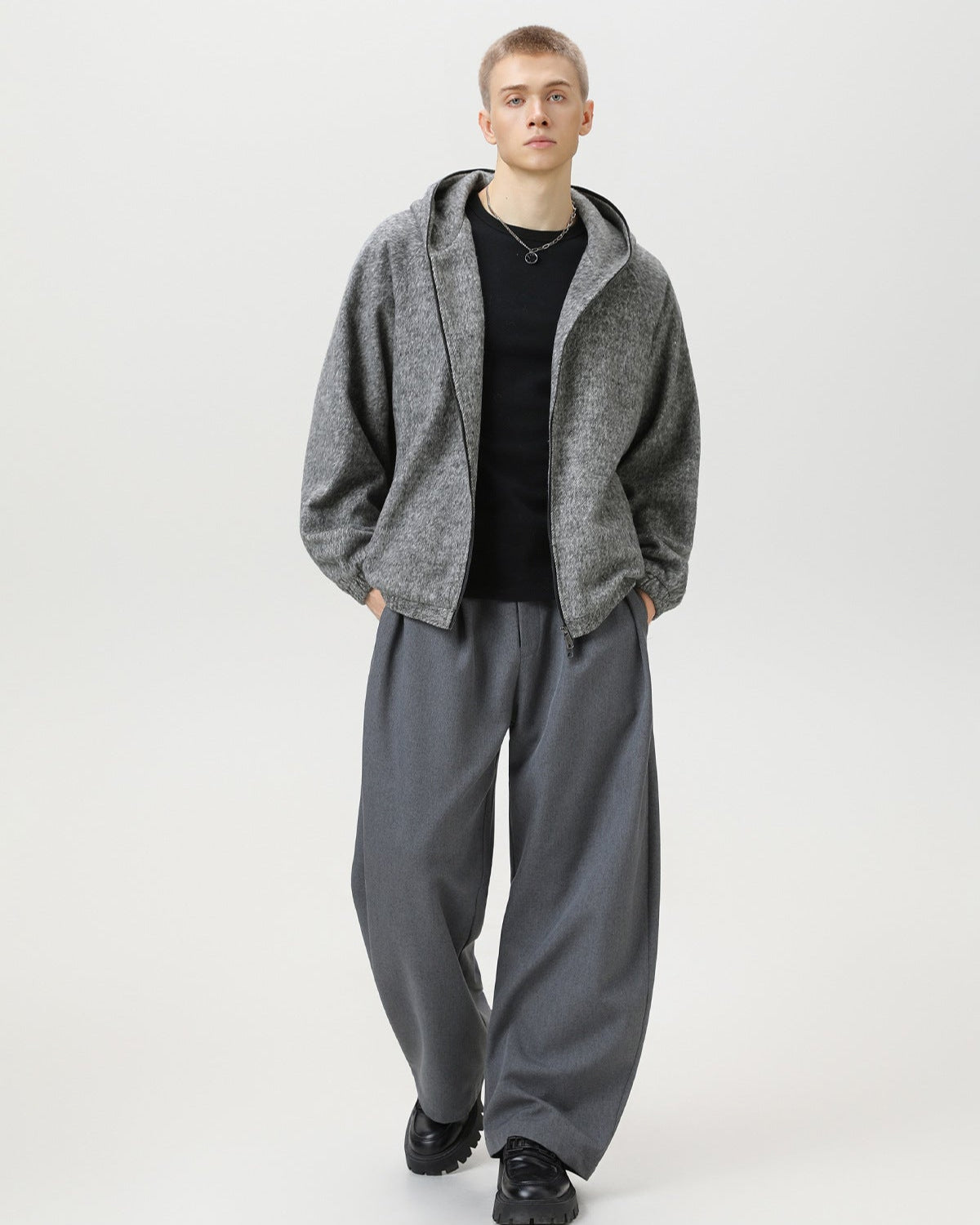 Wool Blend Hooded Zip Jacket