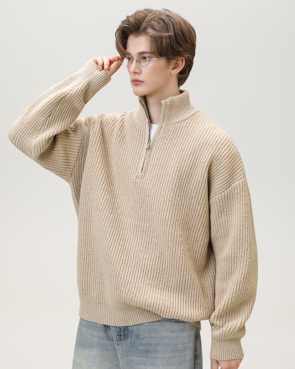 Half-Zip Collar Ribbed Knit Sweater