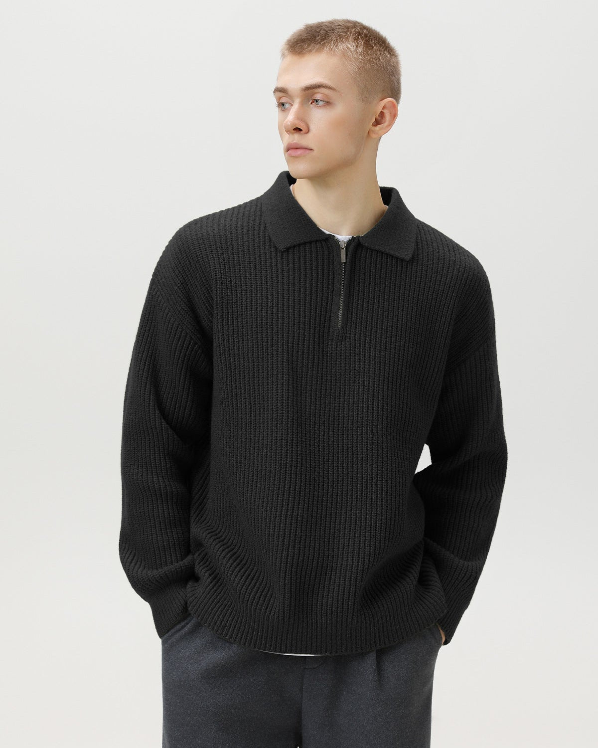 Pull polo en maille côtelée à demi-zip