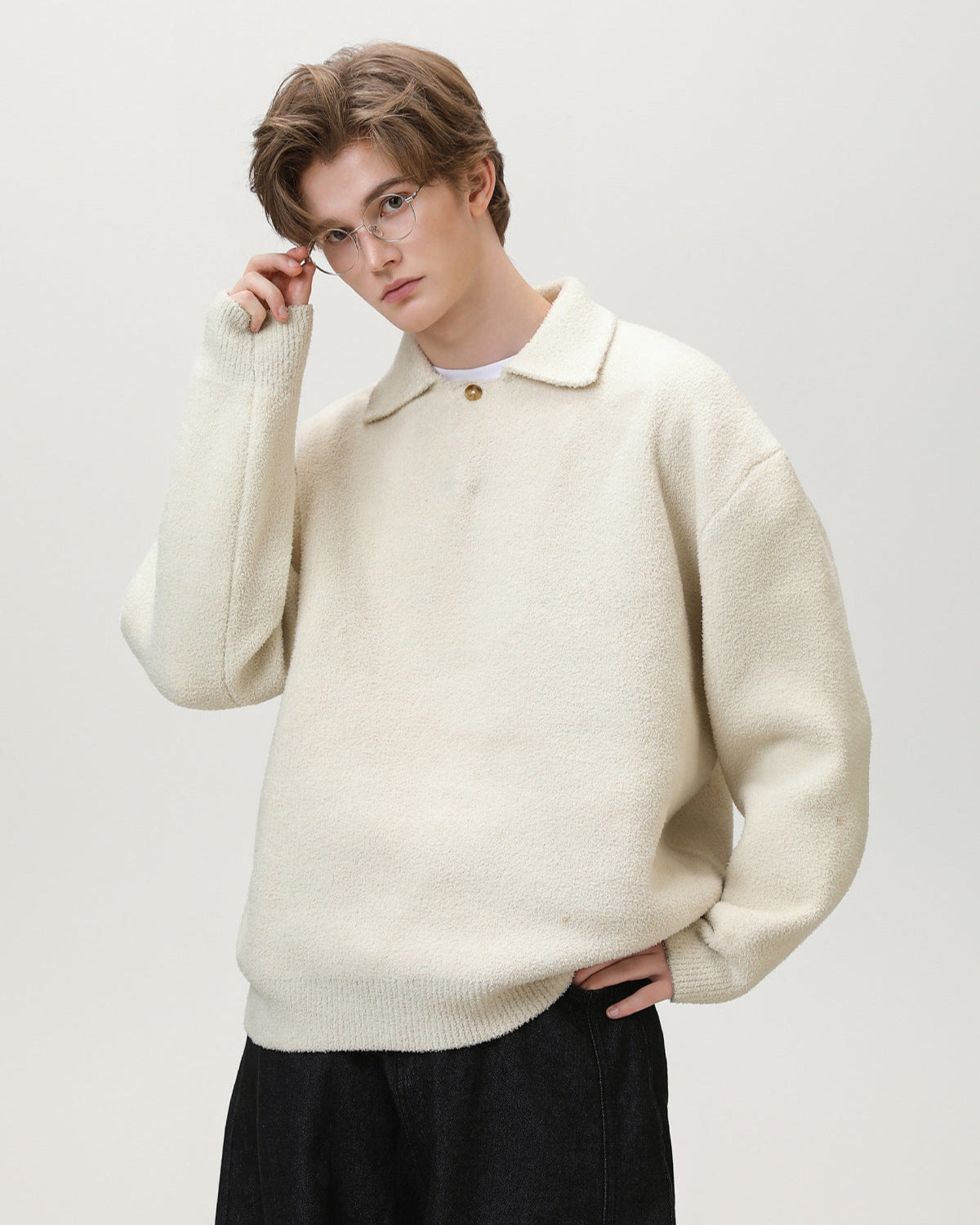 Wool Blend Knit One Button Oversized Henley Sweater