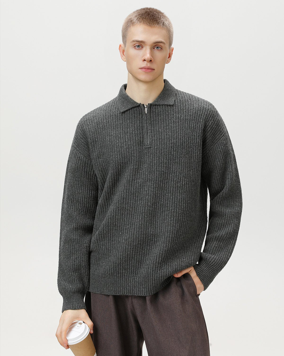 Pull polo en maille côtelée à demi-zip