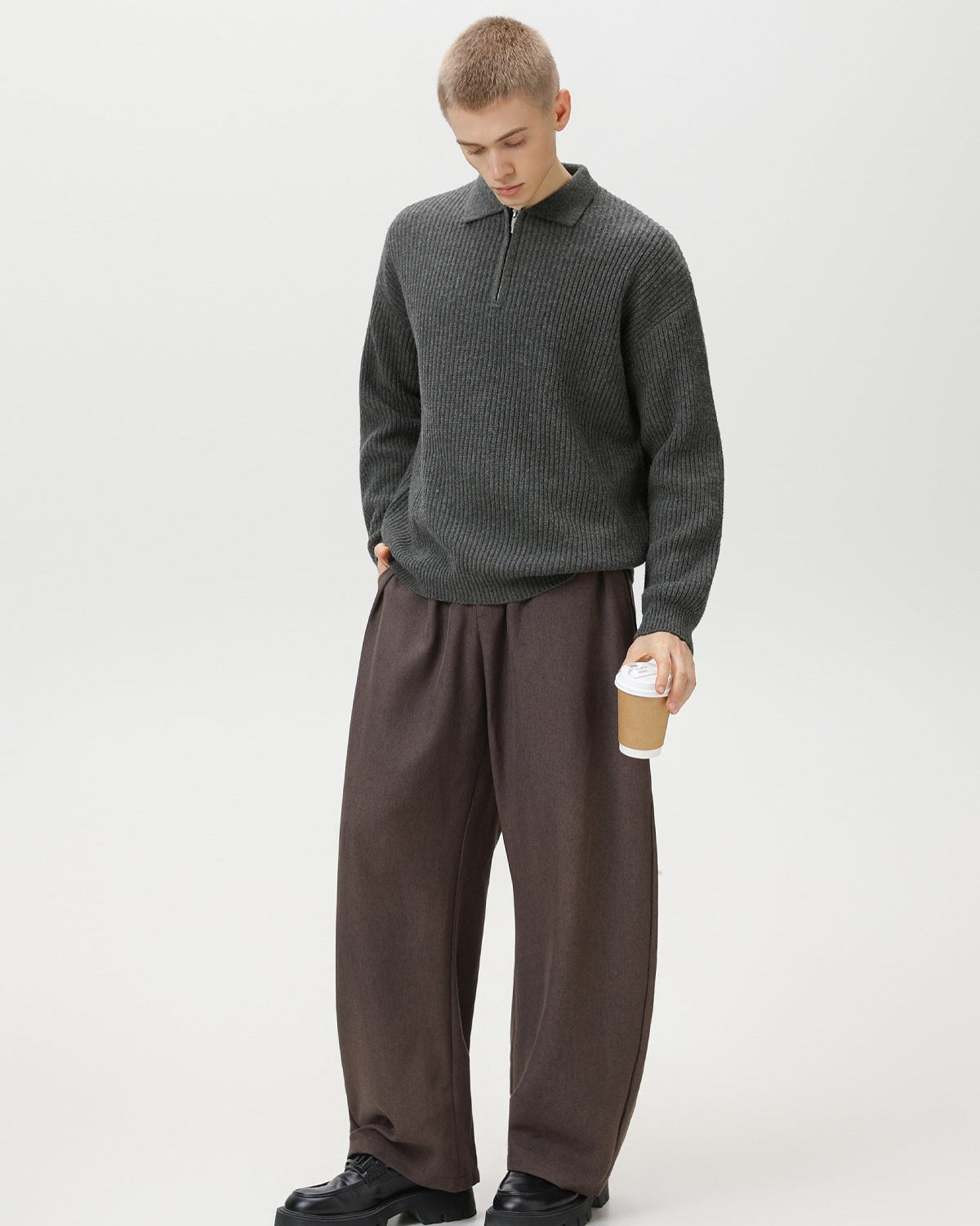 Pull polo en maille côtelée à demi-zip