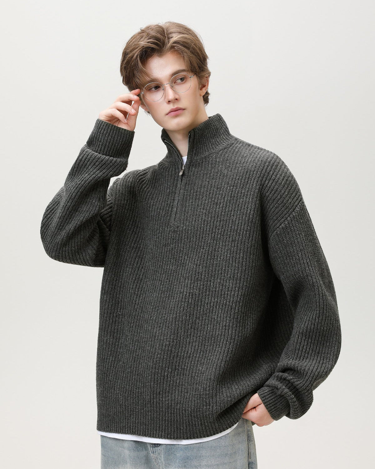 Half-Zip Collar Ribbed Knit Sweater