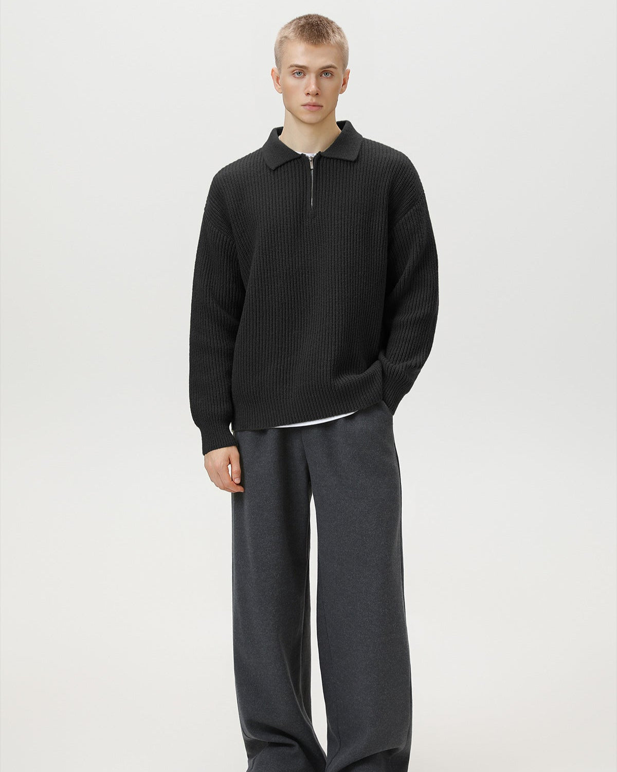 Pull polo en maille côtelée à demi-zip