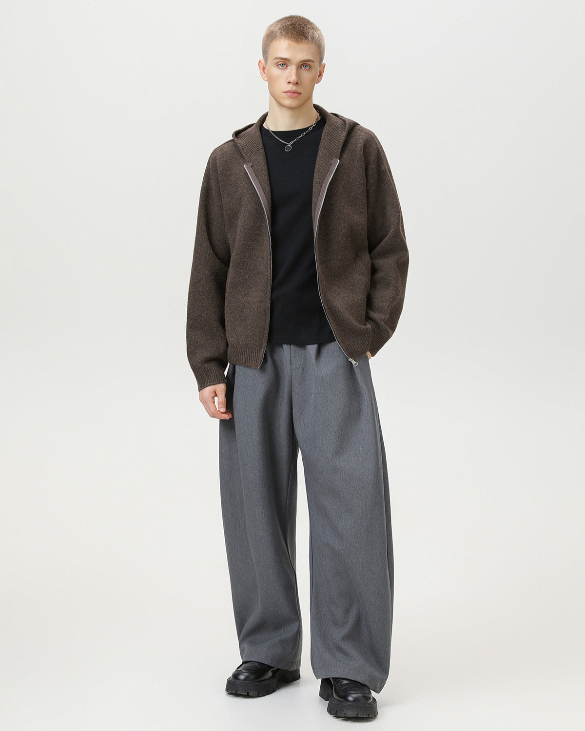 Minimalist Zip-Up Wool Blend Hoodie Cardigan