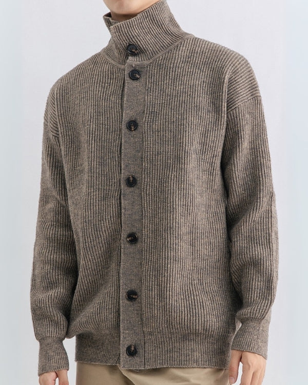Ribbed High-Neck Button Cardigan