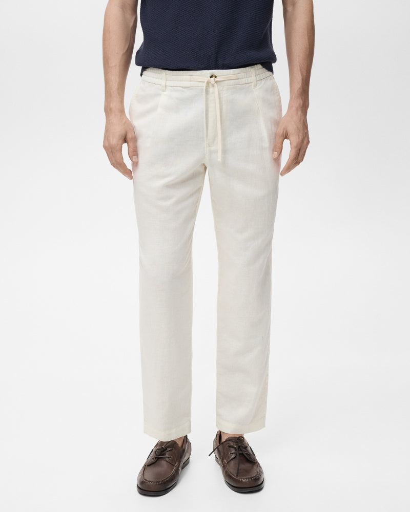 Cotton and linen blend trousers with drawstrings - oatmeal