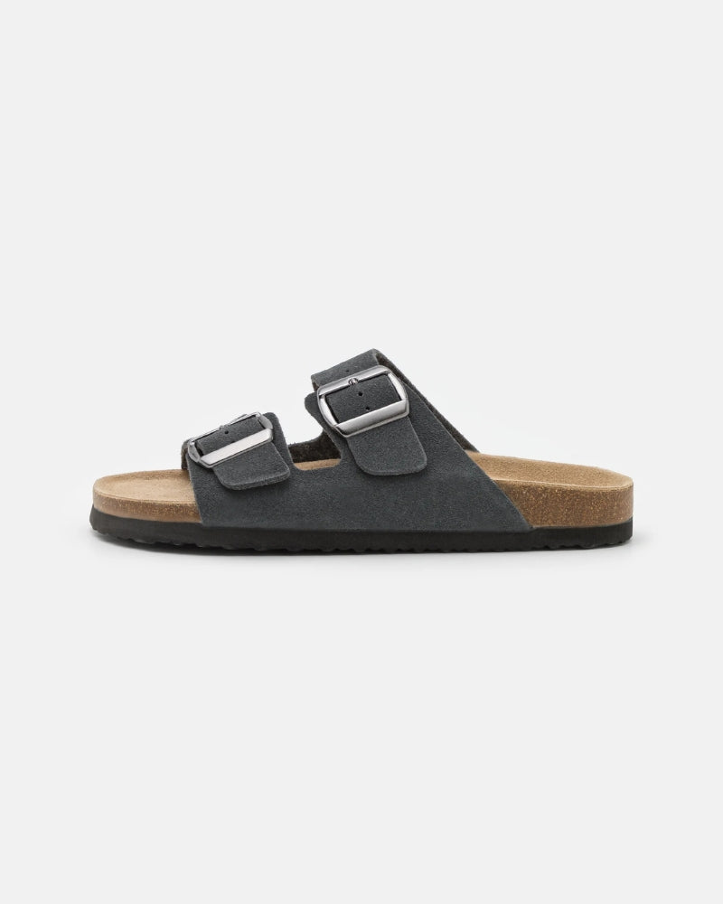 Double-Buckle Suede Sandals - Charcoal