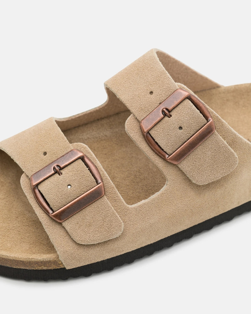 Double-Buckle Suede Sandals - Beige
