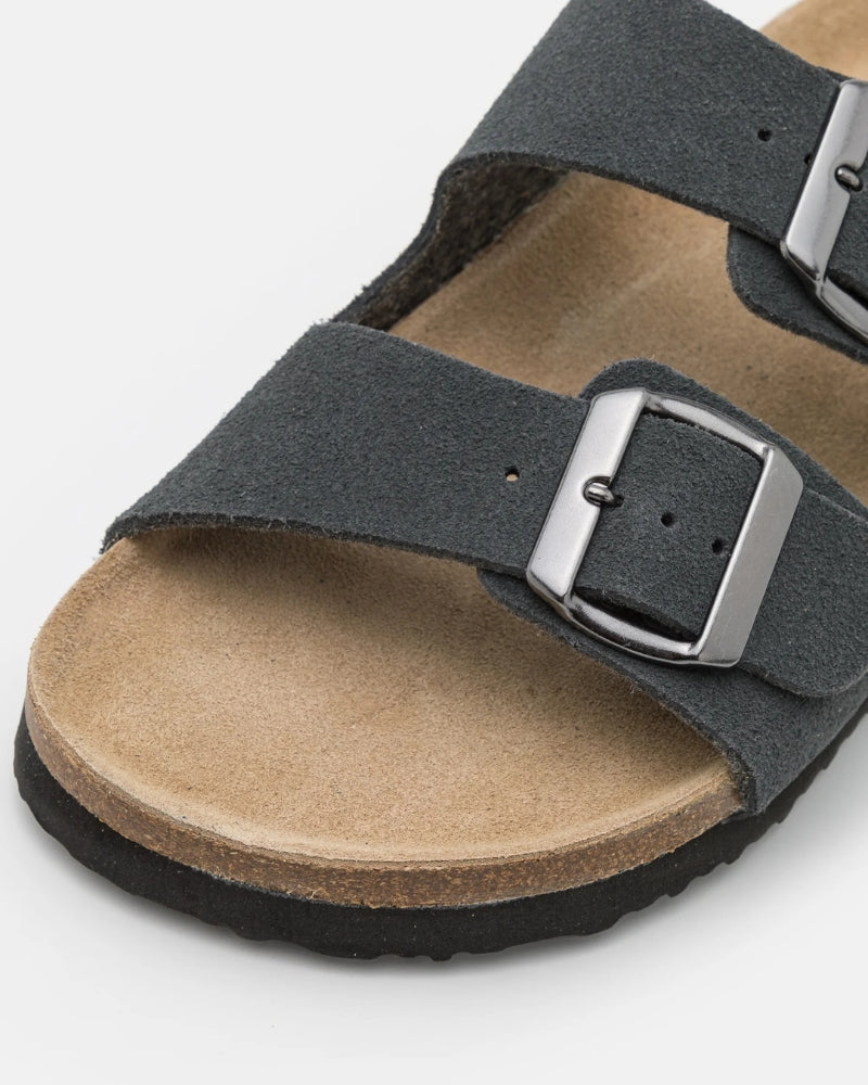 Double-Buckle Suede Sandals - Charcoal