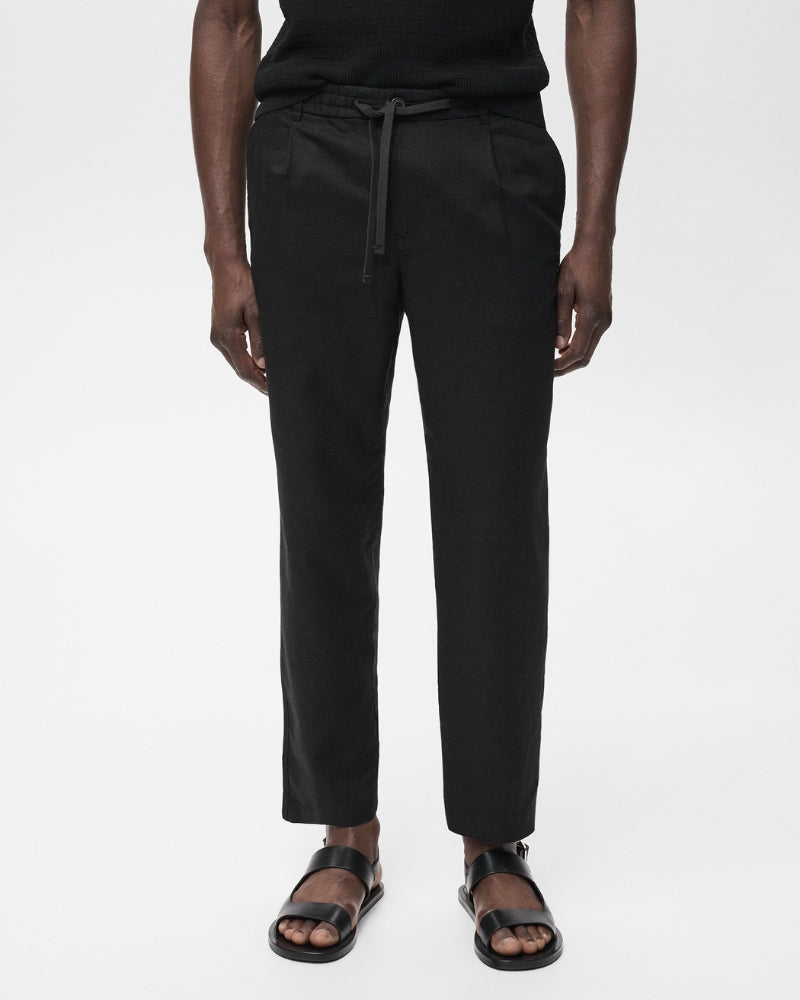 Cotton and linen blend trousers with drawstrings - black
