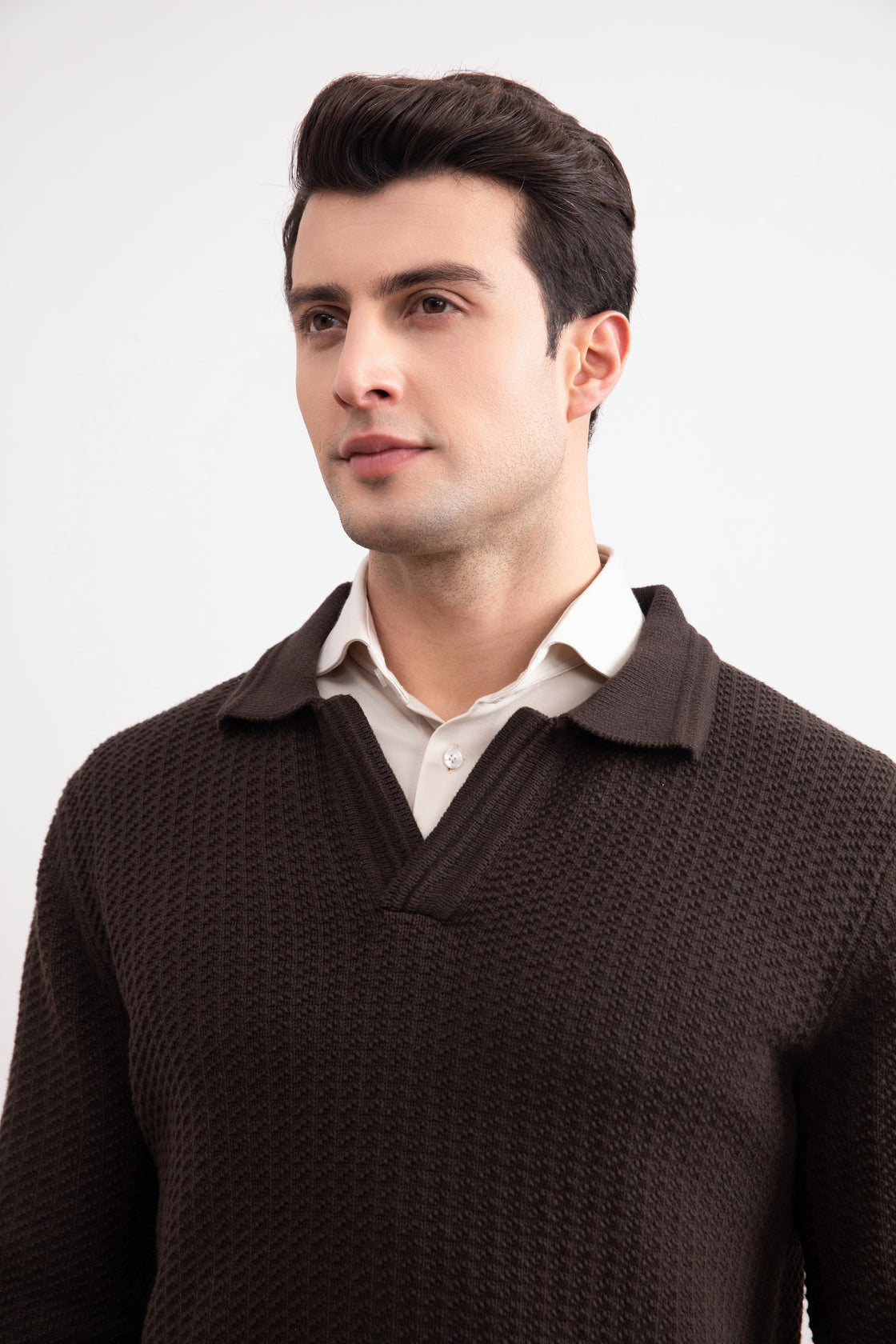 Dark Brown Textured Open Polo Sweater