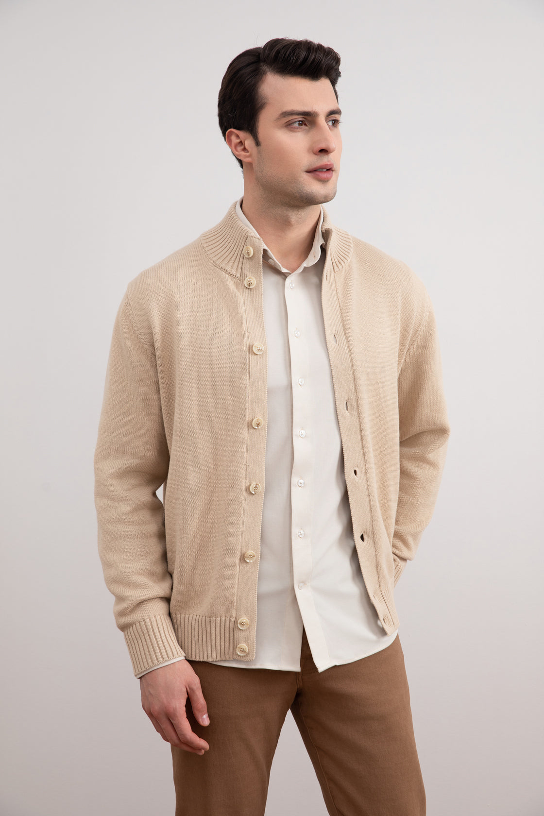 Beige Ribbed Button Closure With Pockets Cardigan