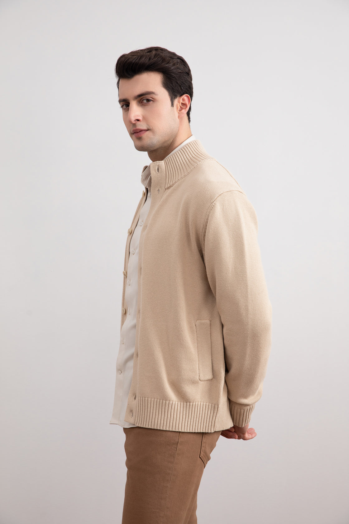 Beige Ribbed Button Closure With Pockets Cardigan