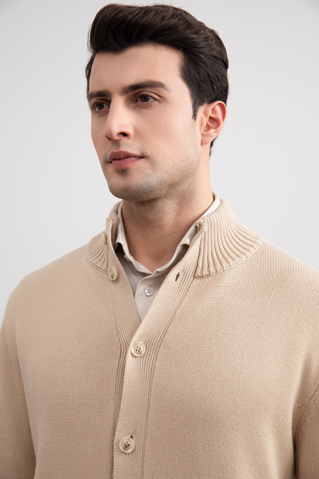 Beige Ribbed Button Closure With Pockets Cardigan