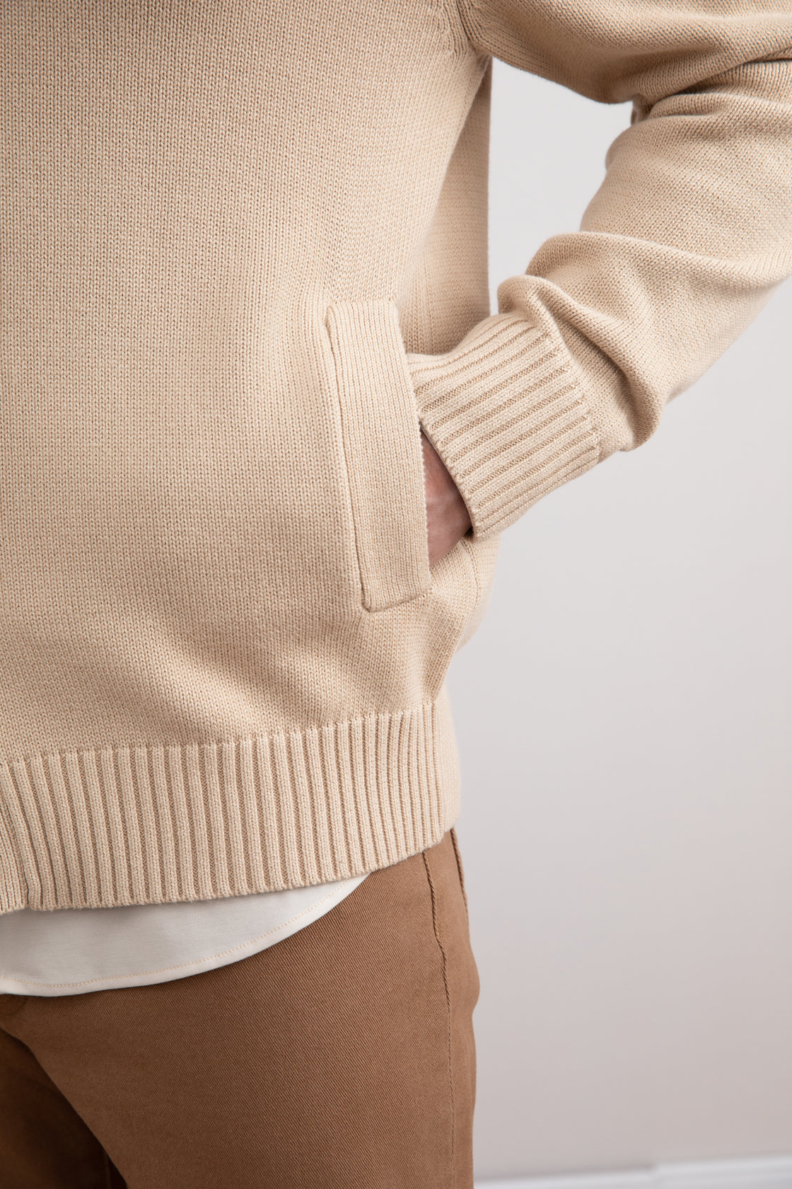 Beige Ribbed Button Closure With Pockets Cardigan