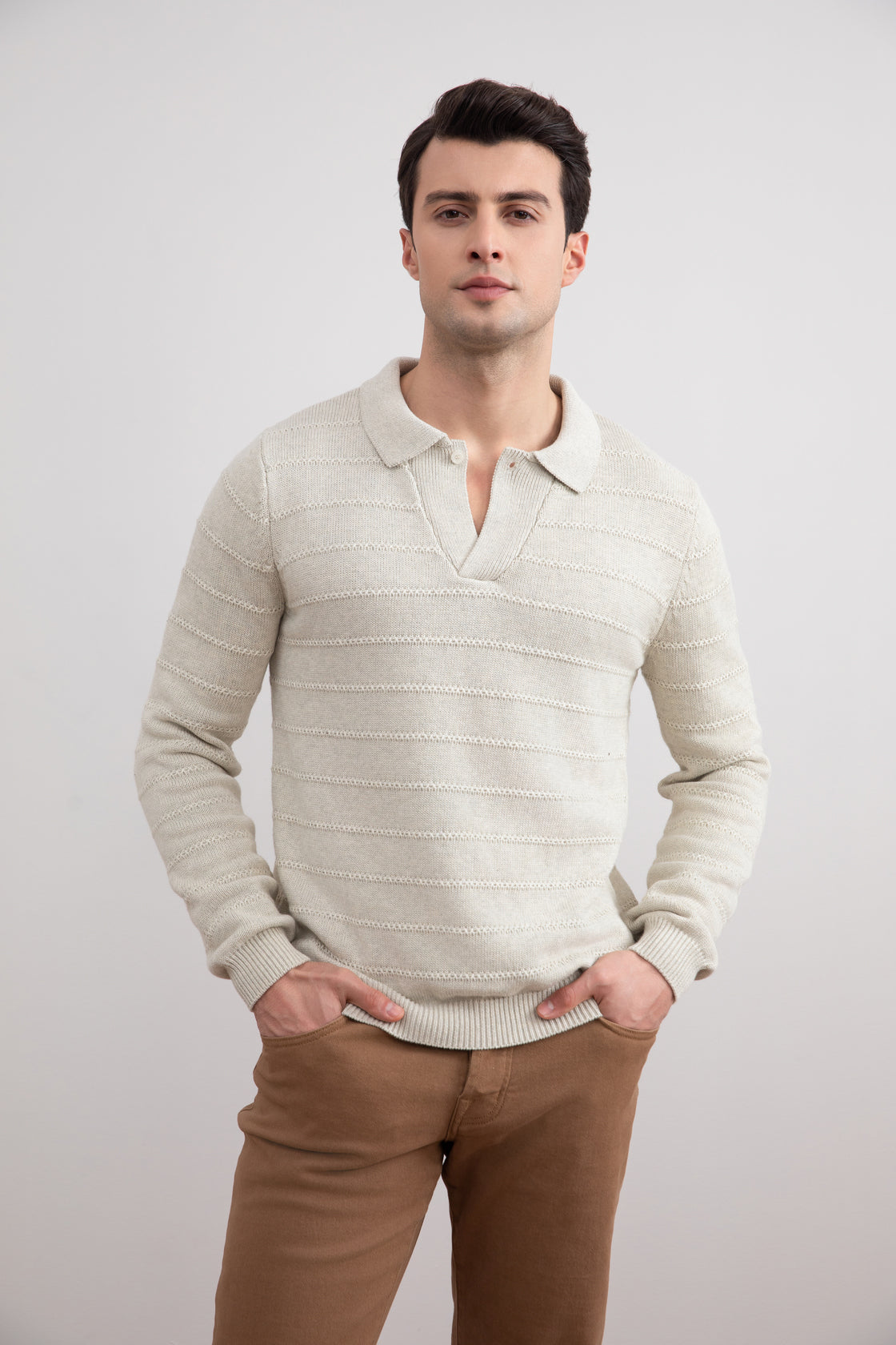 Beige Mélange Knit Texture Open Polo Sweater