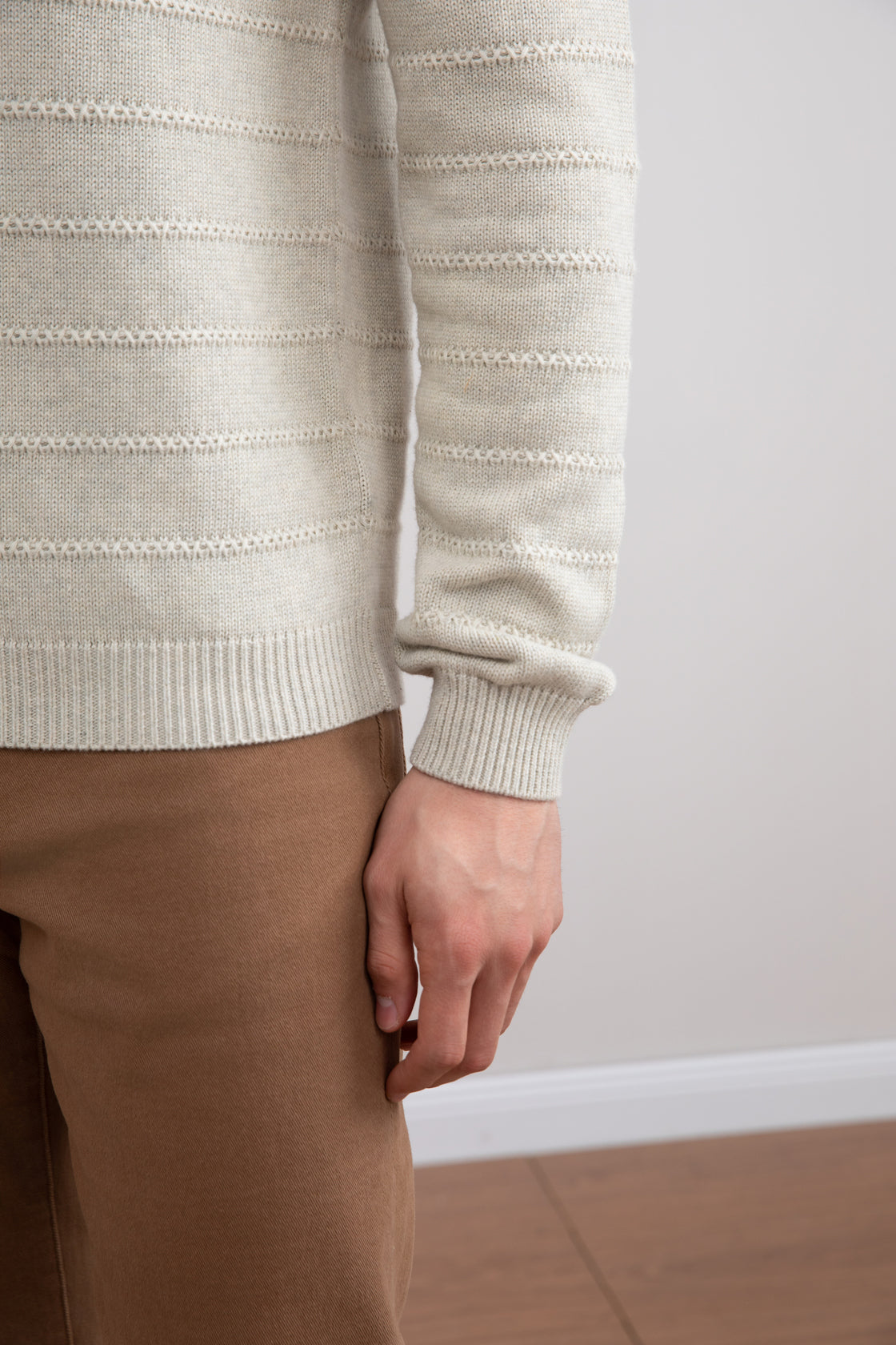 Beige Mélange Knit Texture Open Polo Sweater