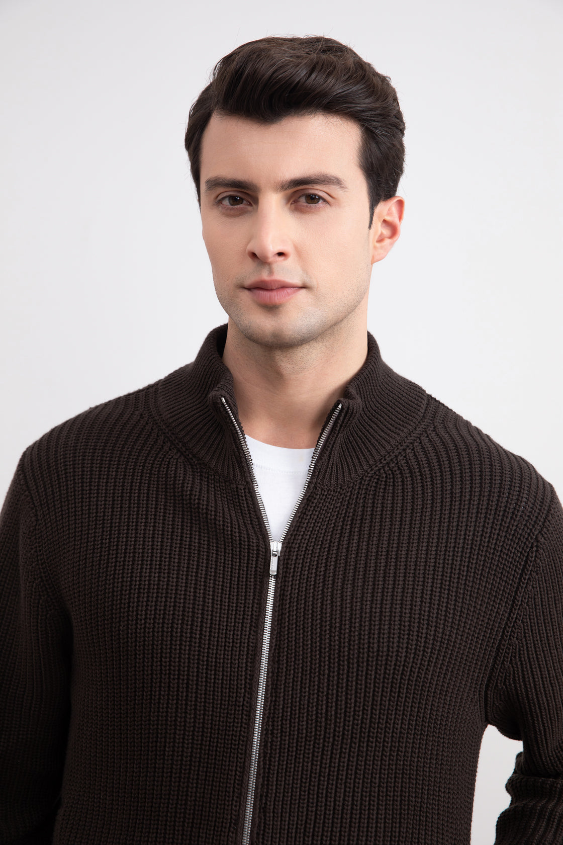 Dark Brown Ribbed Zip-Up Cardigan