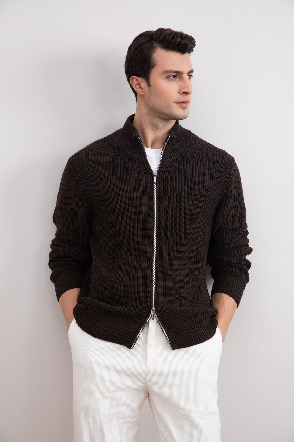 Dark Brown Ribbed Zip-Up Cardigan
