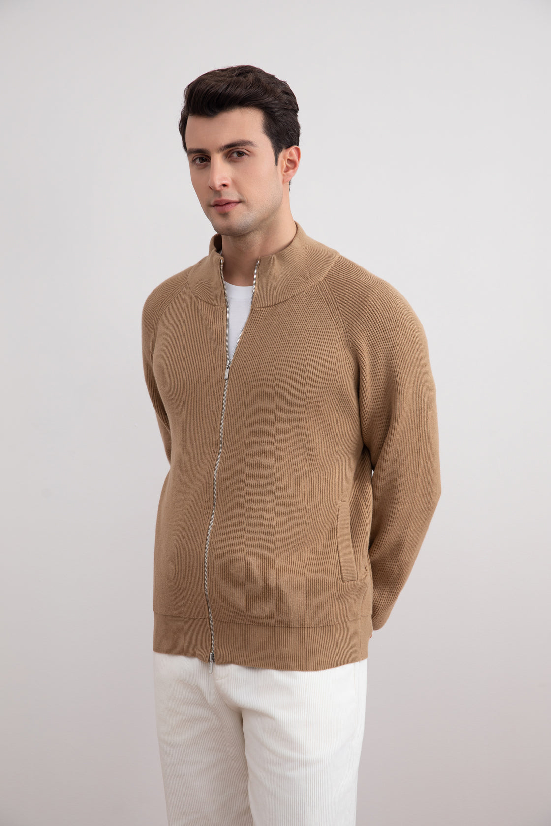 Tan English Rib Full Zip Cardigan