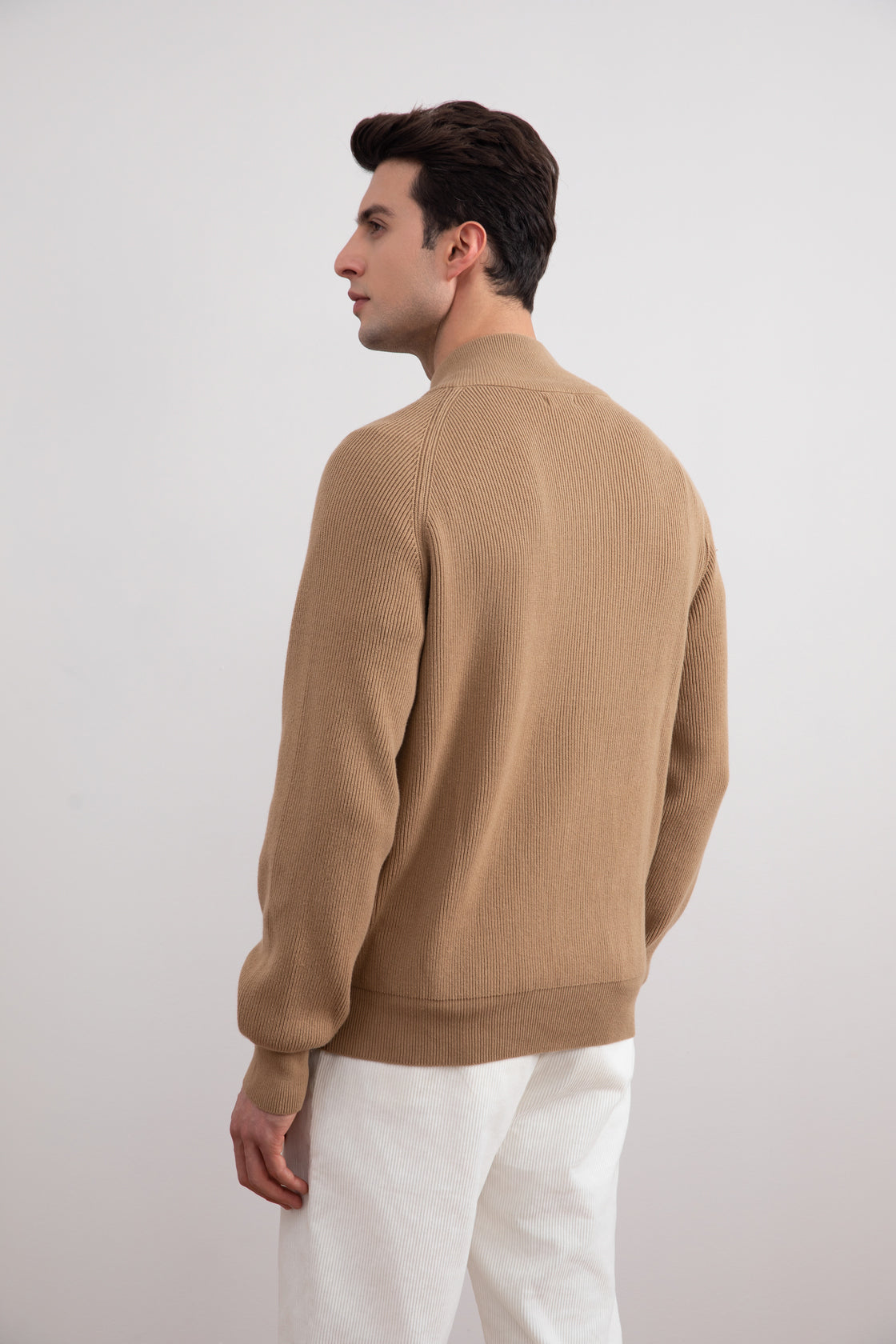 Tan English Rib Full Zip Cardigan