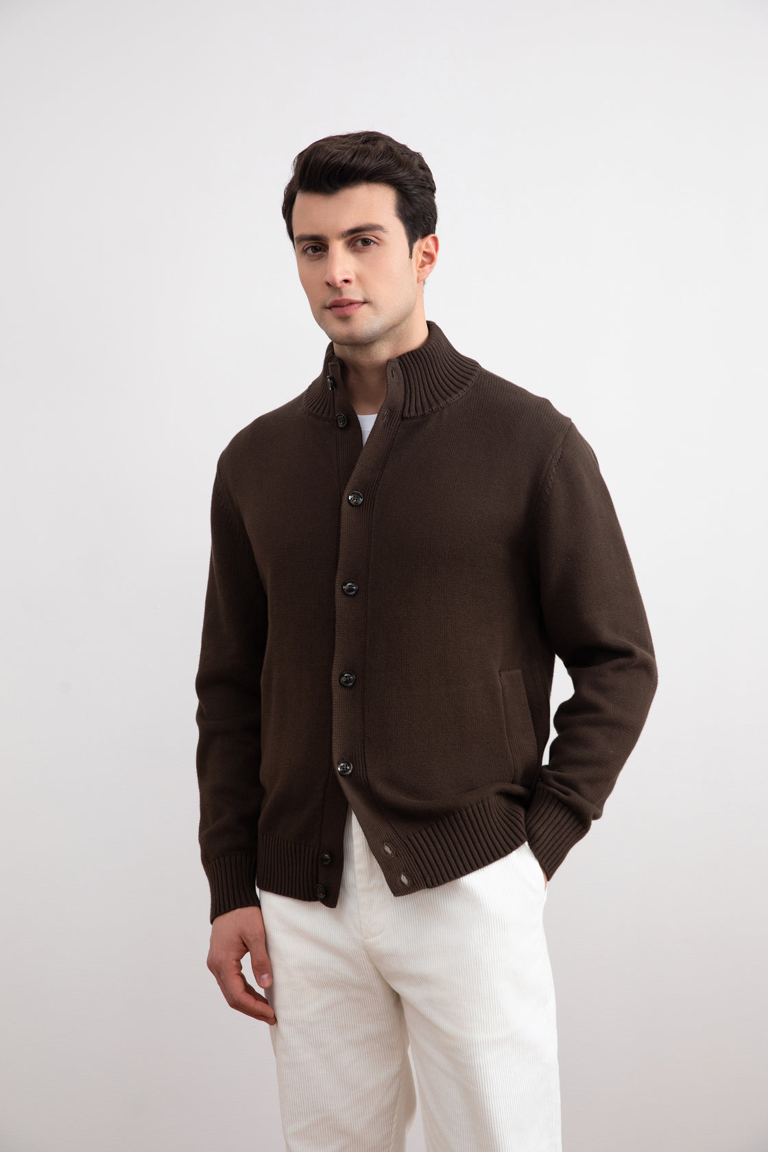 Brown Ribbed Button Closure With Pockets Cardigan