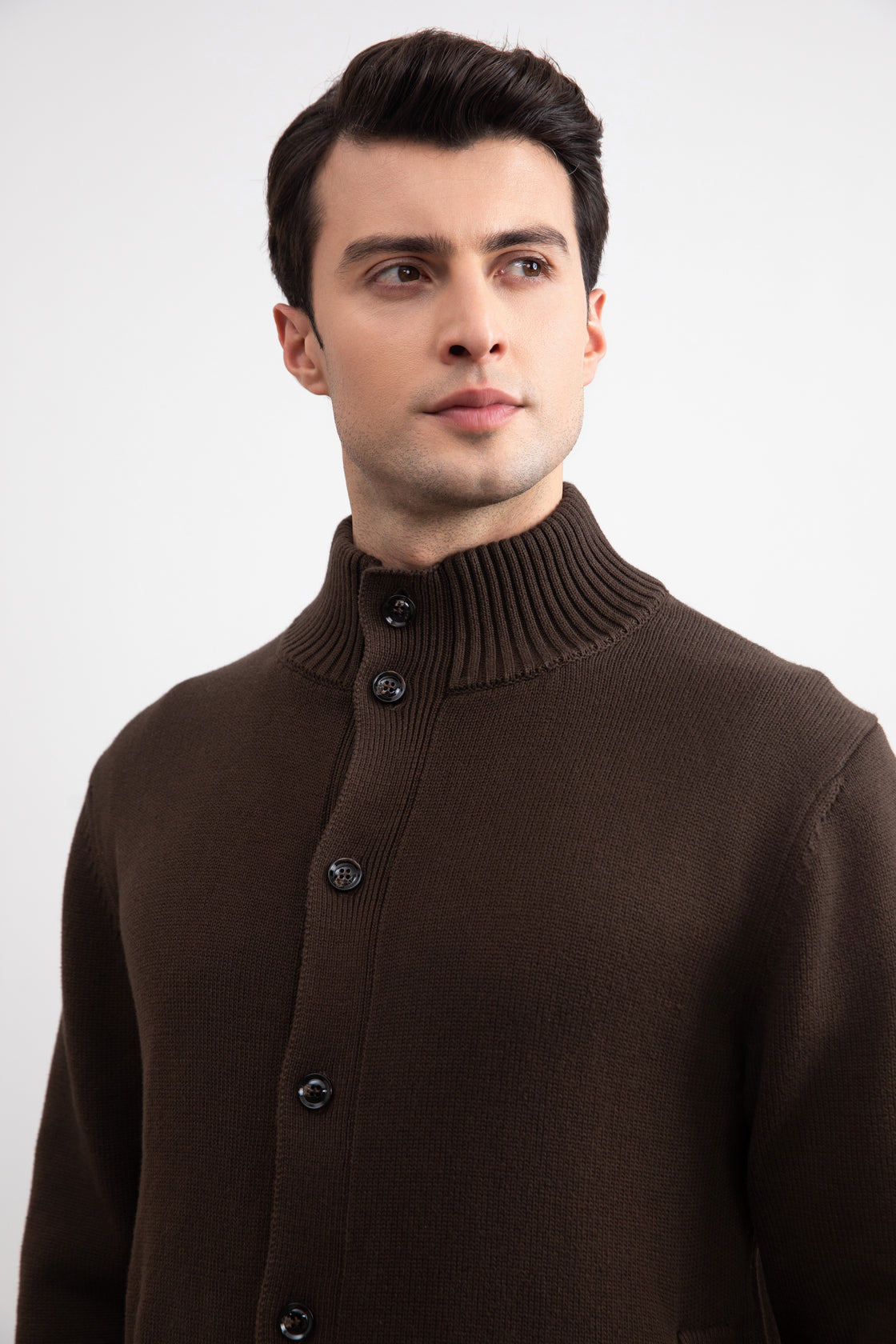 Brown Ribbed Button Closure With Pockets Cardigan
