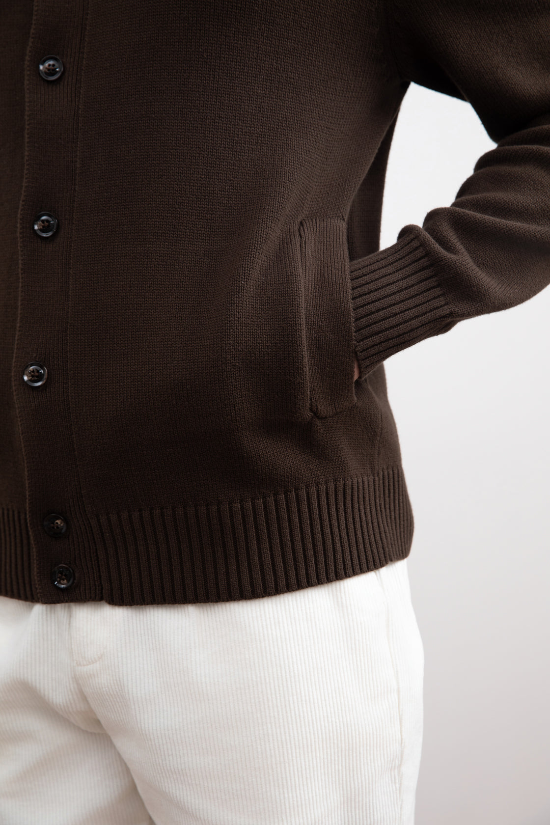 Brown Ribbed Button Closure With Pockets Cardigan