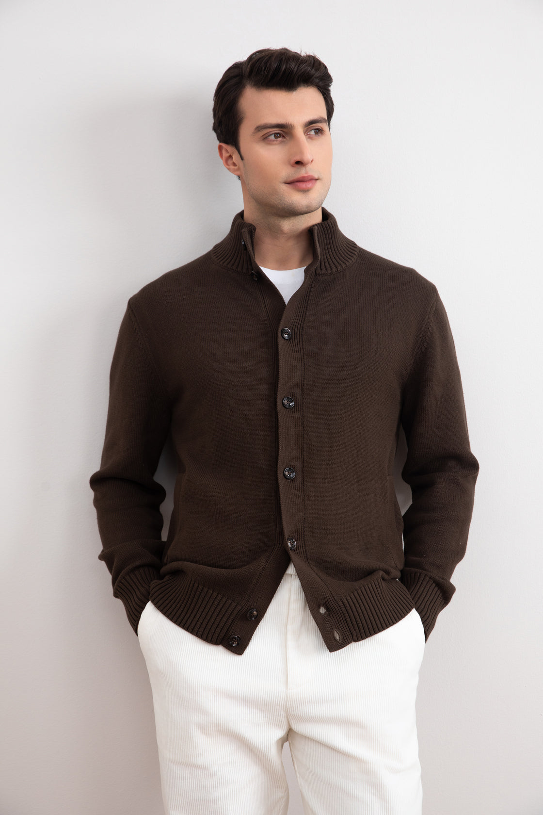 Brown Ribbed Button Closure With Pockets Cardigan